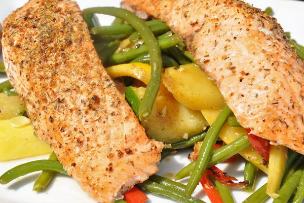 Grilled Atlantic Salmon Over Sauteed Vegetables